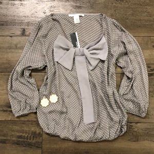 Gray Bow Blouse with White Polka Dots